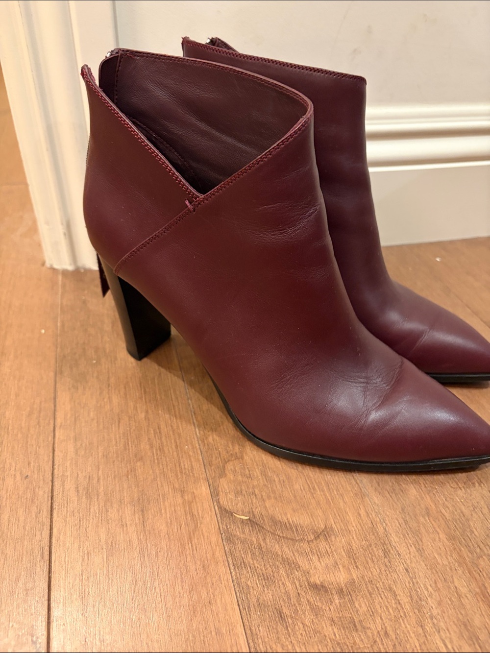 PAIGE Women's Leather Ankle Booties Heel Zip Boots Deep Red Plum Tone Sz 9.5